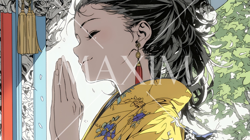 手を合わせてお祈りをしている和服姿の若い女性